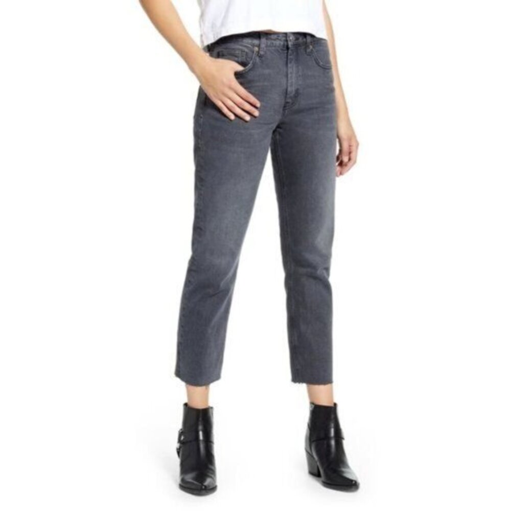 TOPSHOP Jeans Straight Leg High Waist Raw Hem Grey Denim Jeans SZ 30 NEW
